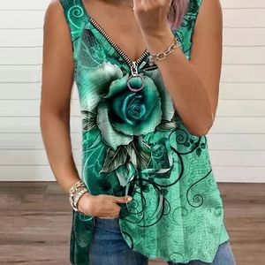 🔴 CLEARANCE 🏷️ NWT FLOWY GREEN/BLACK ROSE ZIPPER TANK TOP BLOUSE Women’s 1X 14